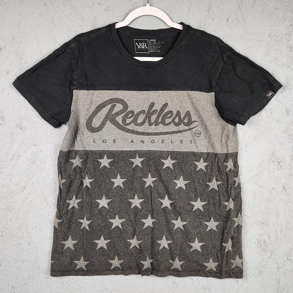 Young & Reckless Reckless Los Angeles Shirt Mens Large Black Gray Stars Graphic